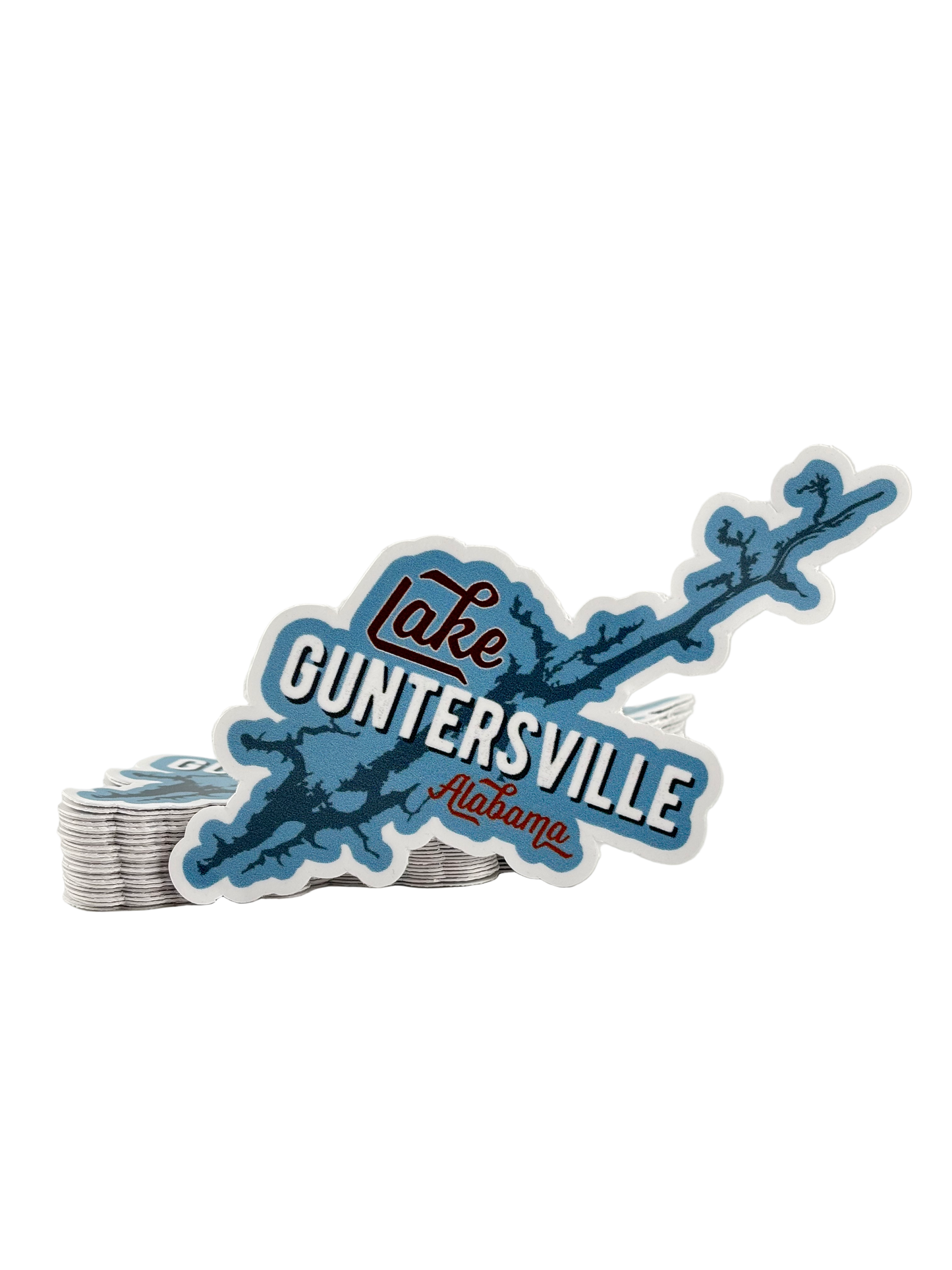 Stack of Lake Guntersville Alabama stickers on a white background