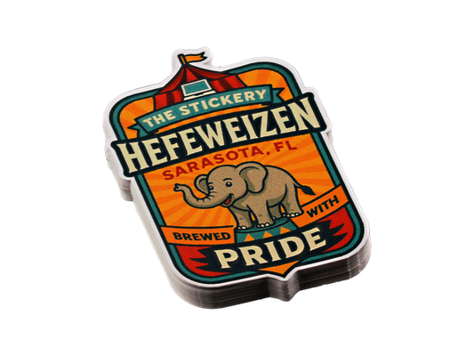 Sticker with elephant design and text about Hefeweizen beer from Sarasota, FL.