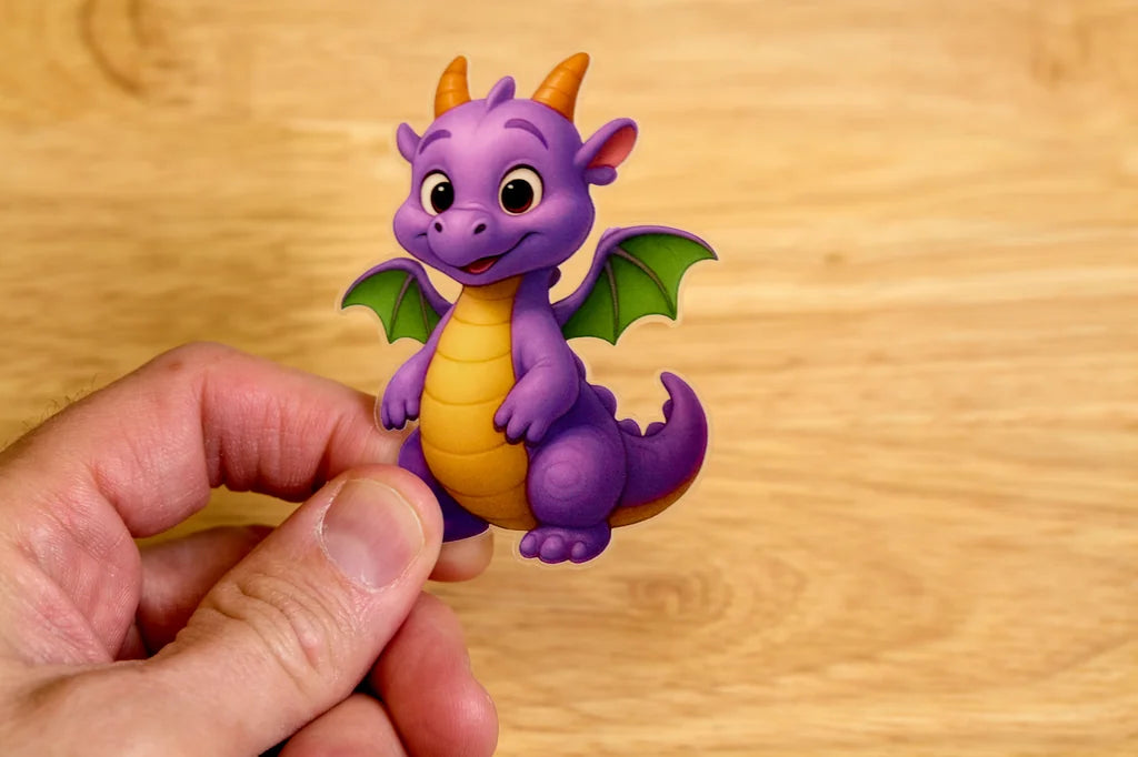 Purple dragon sticker held by a hand on a wooden surface