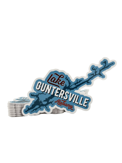 Stack of Lake Guntersville Alabama stickers on a white background