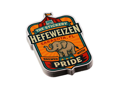 Sticker with elephant design and text about Hefeweizen beer from Sarasota, FL.