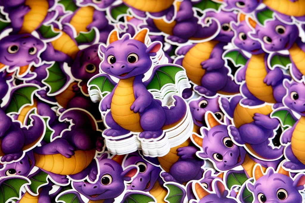 Pattern of purple cartoon dragon stickers with orange accents on a green background