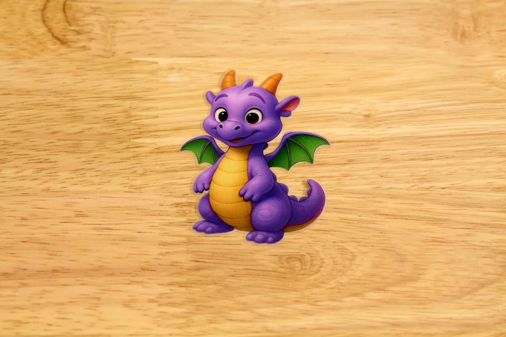 Purple dragon sticker on a wooden surface
