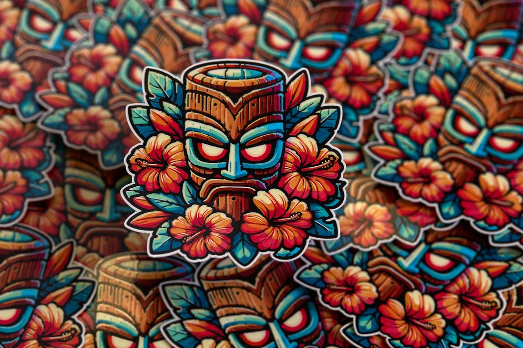 Colorful tiki mask sticker with flowers against a matching background