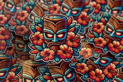 Colorful tiki mask sticker with flowers against a matching background