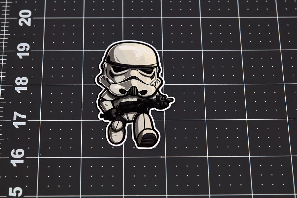 Stylized stormtrooper sticker figure on a grid background