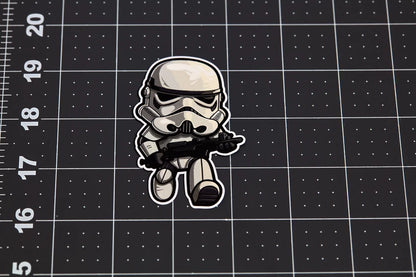 Stylized stormtrooper sticker figure on a grid background