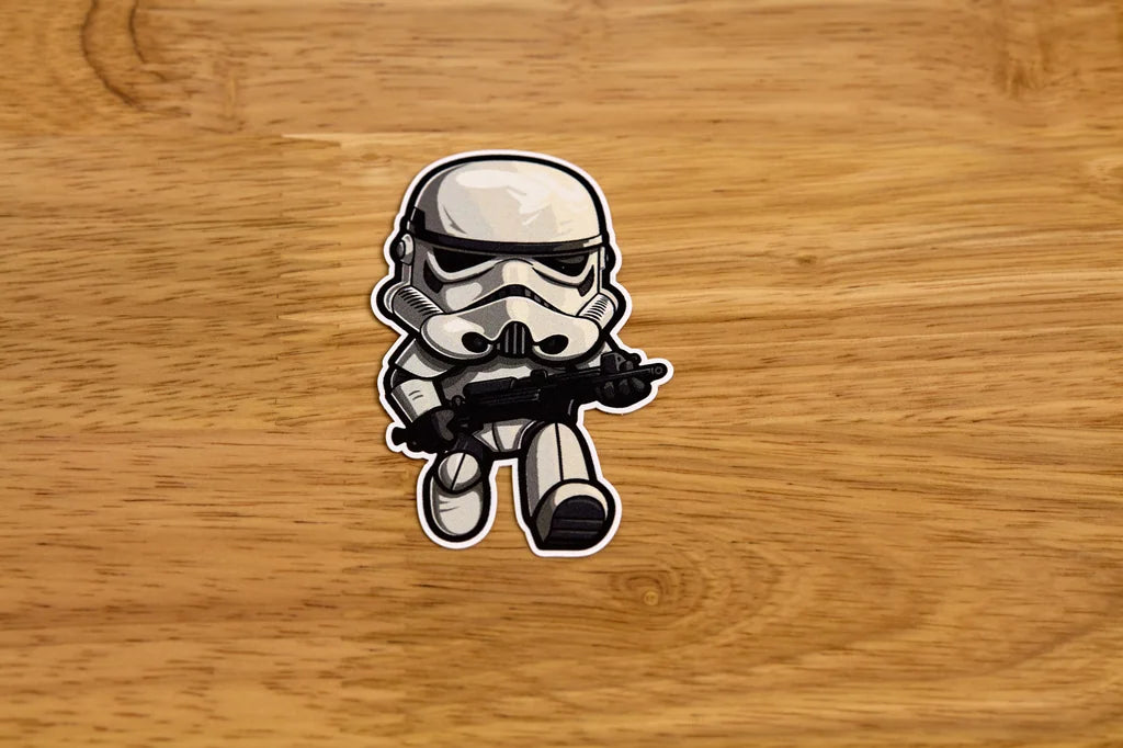 Sticker of a stormtrooper from Star Wars on a wooden surface