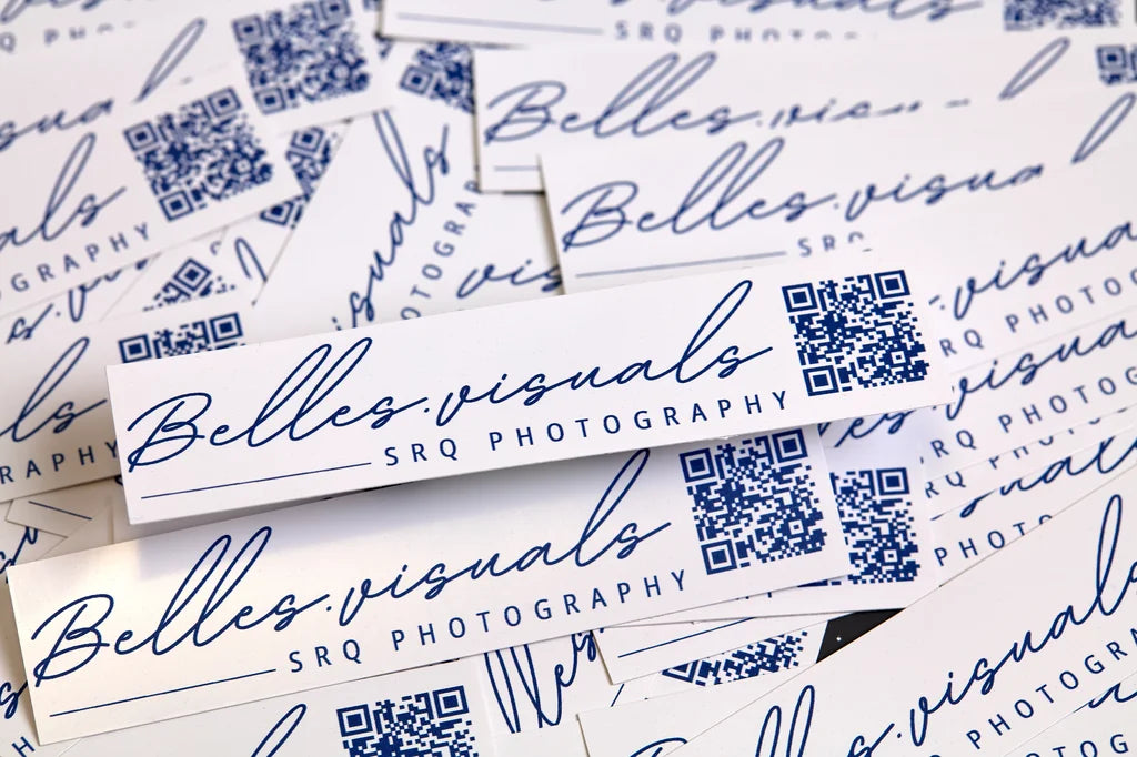 Belles Visuals photography business card sticker with QR codes on a white background