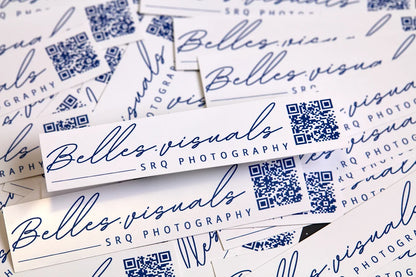 Belles Visuals photography business card sticker with QR codes on a white background