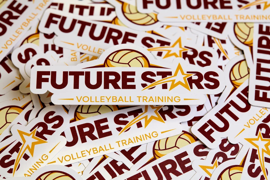 Stack of 'Future Stars Volleyball Training' stickers with volleyball graphics.
