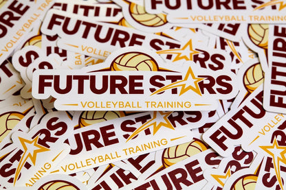 Stack of 'Future Stars Volleyball Training' stickers with volleyball graphics.
